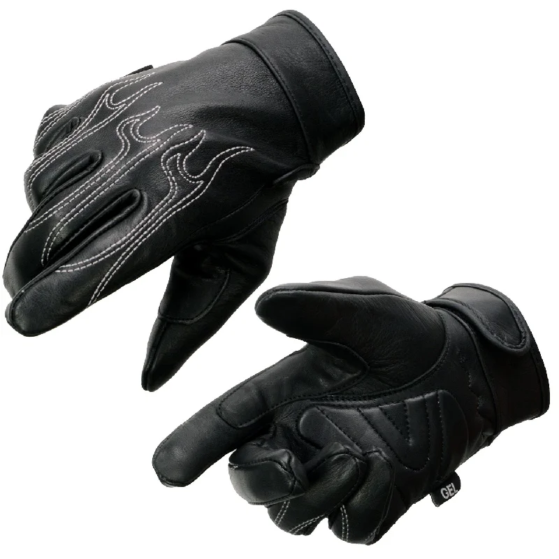 Gloves for brown hues-Milwaukee Leather SH820 Men's Black Leather ‘White Flame’ Cruising Hand Gloves W/ Gel Palm