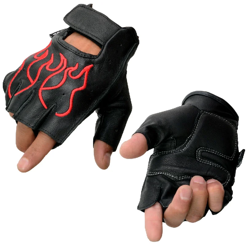 Gloves for unisex design-Xelement XG198 Men's Embroidered 'Flamed' Fingerless Black and Red Motorcycle Leather Gloves