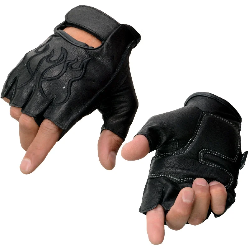 Gloves for gardening tools-Xelement XG198 Men's Embroidered 'Flamed' Fingerless Black Motorcycle Leather Gloves