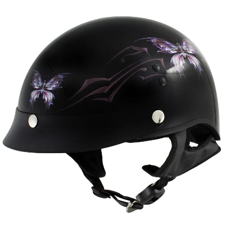 Helmet for fast biking-Outlaw T70 'Purple Butterfly' Advanced DOT Glossy Black Motorcycle Half Helmet