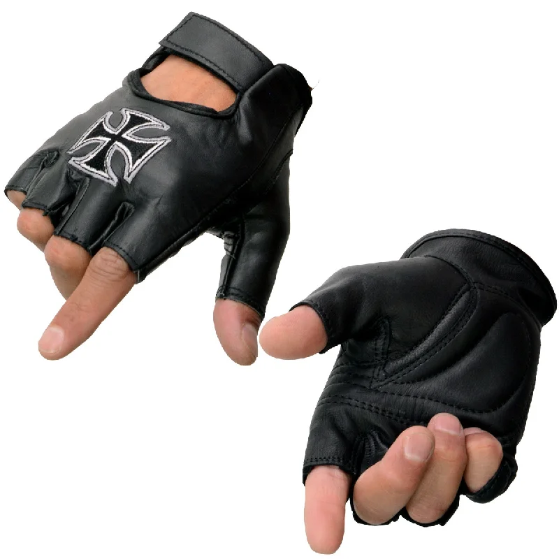 Gloves for smartphone use-Milwaukee Leather SH354 Men's 'Iron Cross' Black Leather Fingerless Gloves