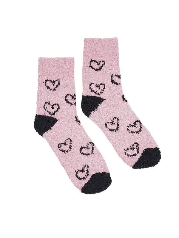 Ski socks for ski care-Valentine's Day Black and Pink Heart Fuzzy Socks