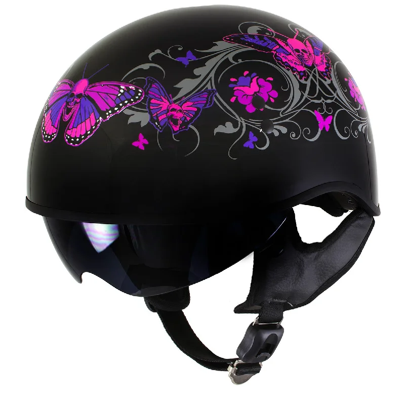 Helmet for road biking-Outlaw T-72 'Flowers and Pink Skull Butterflies' Half DOT Helmet with Drop Down Tinted Visor