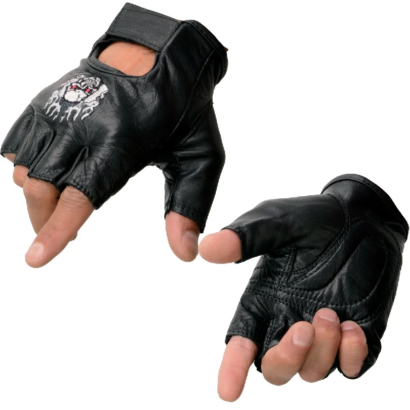 Gloves for texting-Milwaukee Leather SH351 Men's 'Flaming Skull' Black Leather Fingerless Gloves